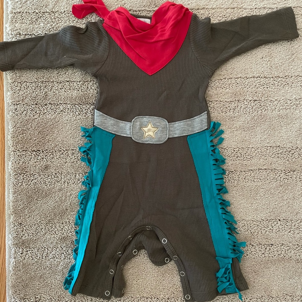 Toddler Cowboy Fringe Costume Romper in Brown and Teal with Red Bandana